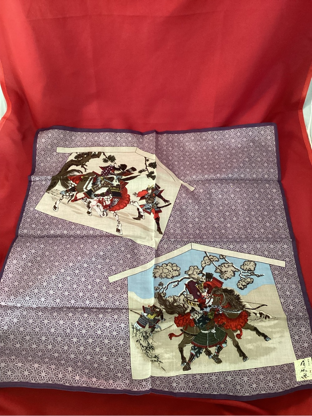 Japanese Wrap Cloth (?) Furoshiki Fabric Cotton Purple and Red Samurai Horse